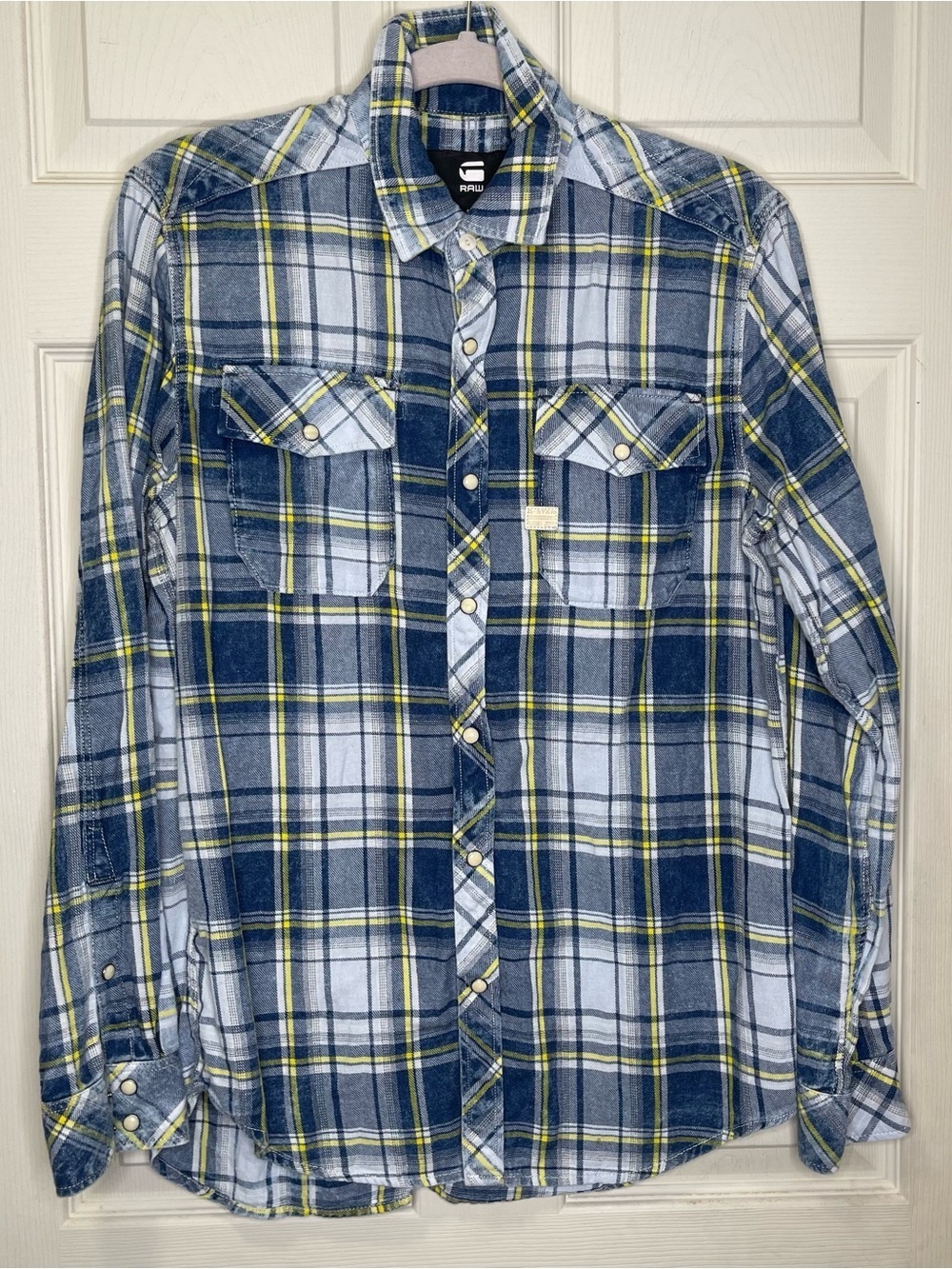 G Star Raw Landoh Pearl Snap Flannel Shirt Mens Medium Blue White Plaid